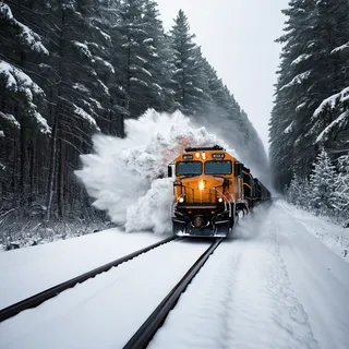 A powerful orange train plowing through fresh snow in a dense snowy forest, creating a dramatic snow spray under cold winter light.