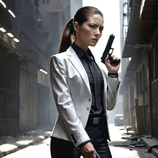 A female spy in a black tailored suit with a white blazer and sleek ponytail holds a silenced pistol in an intense urban alley setting with dramatic lighting.