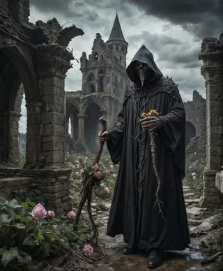 A mysterious wizard in a dark cloak with a skull mask stands in ancient castle ruins under a cloudy sky, holding a wooden staff with dying flowers.