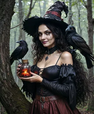 Woman dressed as a witch in a black dress and hat, holding a glowing potion bottle with a crow on her shoulder, standing in a misty forest.