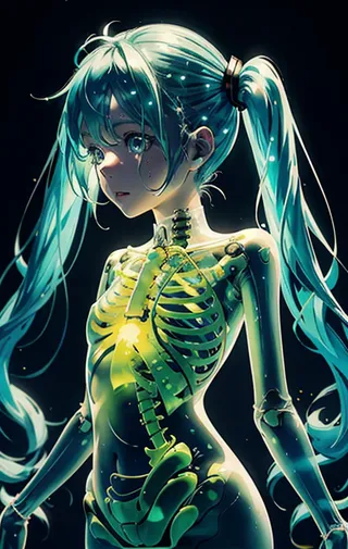 Anime-style girl with mint slime translucent skin, glowing yellow-green skeleton visible inside, blue twintails, and a luminous body against a dark background.