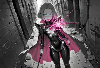 Corrupt magical girl with glowing blue eyes in black latex outfit and pink cape holding a whip glowing with pink energy in a dark street alley.