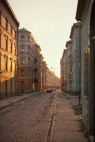 Photorealistic image of a historic Moscow urban neighborhood at sunrise with a cobblestone street, vintage film grain effect, and soft morning light illuminating old buildings.