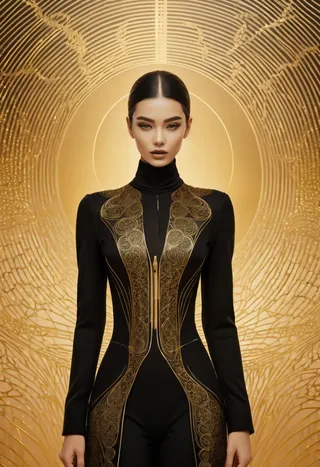 Model dressed in an avant-garde black outfit adorned with intricate electric gold patterns, standing against an elaborate golden, circular patterned background.