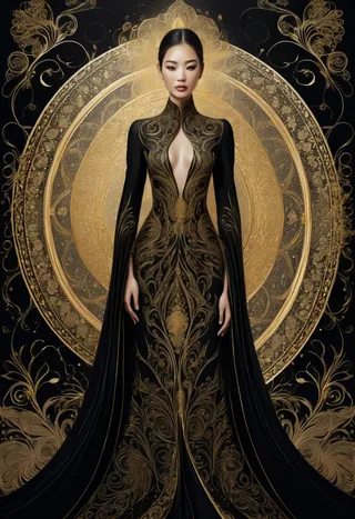Una mujer elegante vestida con un vestido negro extravagante con intrincados patrones dorados, de pie entre humo dorado en espiral y un fondo circular dorado ornamentado.