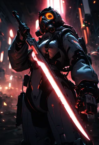 Futuristic female warrior in a miko motif exoskeleton suit wearing a gas mask and wielding a glowing red blade, illuminated by cinematic lighting in a dark cityscape.