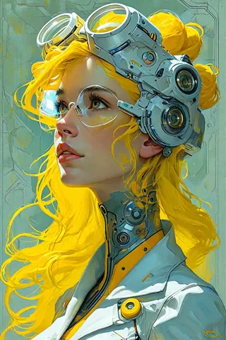 Detailed digital illustration of a female astronomer with bright yellow hair, cybernetic enhancements, and futuristic goggles, styled in manga art by Krenz Cushart.