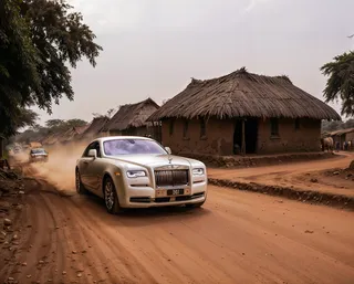 A luxury silver Rolls Royce driving on a dusty dirt road through a poor African village with traditional thatched huts, stark contrast highlighting wealth inequality.