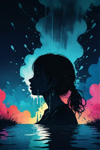 A vibrant colored ink style silhouette of a girl crying tears that form a river flooding the world, surrounded by artistic ink splashes and atmospheric lighting.