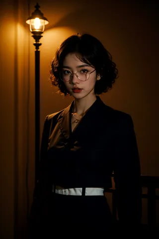 A young woman with curly hair and under-rim eyewear stands in deep shadow illuminated by warm volumetric lighting from a vintage lamp, wearing black attire with a white girdle belt.