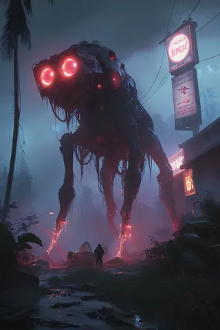 A towering post-apocalyptic robotic creature with glowing red neon eyes stands amidst a dark, misty landscape illuminated by neon signs and wet ground reflections.