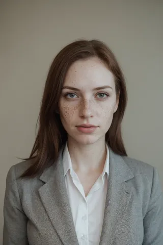 Close-up portrait of a business woman with freckles, wearing a grey blazer and white shirt, photographed with shallow depth of field.