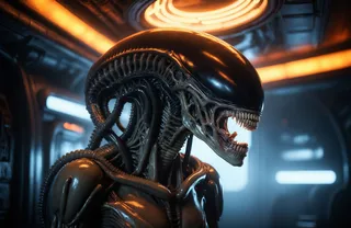 Hyperrealistic close-up of a xenomorph alien queen inside a dark sci-fi spacecraft with cinematic orange and blue lighting and atmospheric haze