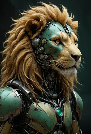 A hyperdetailed biomechanical lion robot portrait showing intricate metallic armor in blue-green tones and a realistic lion mane.