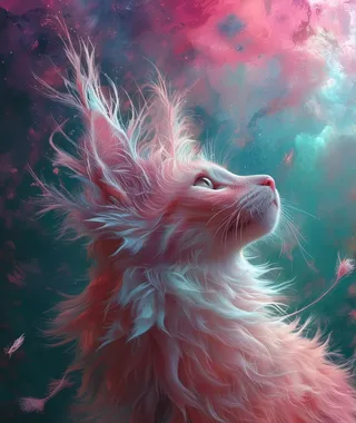 一幅超現實夢境數碼繪畫，描繪一隻毛髮飛揚的蓬鬆貓咪，毛色為粉藍色調，向上凝望，背景為繽紛而飄渺的色彩。