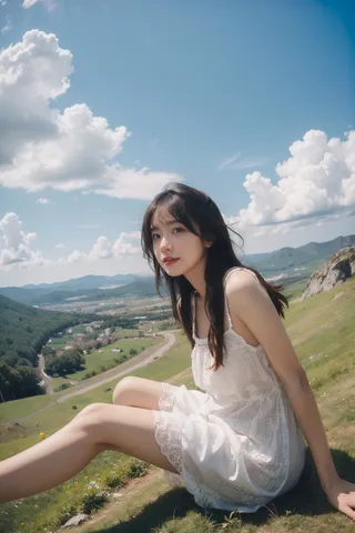 A young girl in a white dress sitting relaxed on sloping grass with a gentle breeze blowing her hair, under a clear blue sky dotted with fluffy clouds, captured with a fisheye perspective.