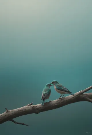 Two teal-colored birds perched on a branch against a smooth gradient teal background