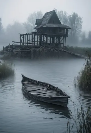 A wooden boat floats on a fog-covered river leading to a small island with an old Slavic-style house elevated on stilts, surrounded by mist and trees.