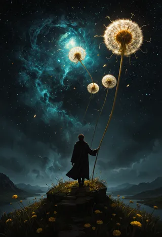 A fantasy scene featuring a figure holding giant transparent gold dandelion sculptures against a deep, starry, and nebulous night sky with a surreal and dreamy atmosphere.