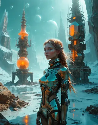 A futuristic female figure in metallic armor stands in a surreal icy landscape with towering fusion reactor obelisks glowing orange, under a hazy cyan sky with distant planets.