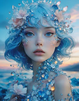 夢幻少女肖像，藍色頭髮點綴著水晶和花朵，柔和邊緣及發光色彩，置於超現實的藍色時光場景中。