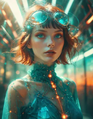 Surreal portrait of a fashion girl with short hair wearing retro teal goggles and a glowing node network dress, featuring dreamy lens flare and frosted glass effects