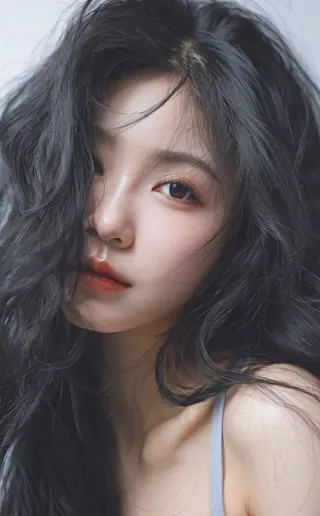 Close-up photorealistic portrait of a leogirl with long messy black hair, detailed skin, lip biting, and a seductive evil smile under studio lighting.