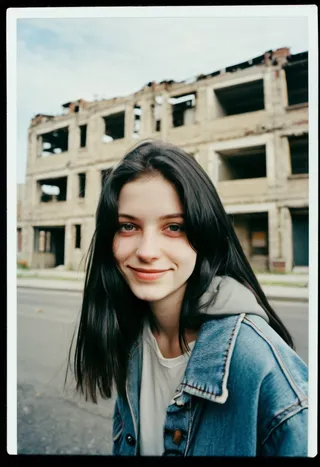 Medium shot of a smiling pale woman with long black hair and brown eyes, wearing a denim jacket with a black hoodie, standing in front of a ruined city building, captured in a photorealistic polaroid style.