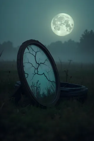 Un miroir rond fêlé appuyé contre un vieux puits en pierre dans une prairie brumeuse, reflétant la pâle lueur étrange de la pleine lune dans un paysage nocturne sombre et brumeux.