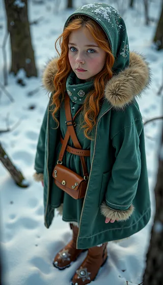 Young girl in a green fur-lined hooded coat and traditional embroidered boots standing in a snow-covered Siberian forest, gazing with a thoughtful expression.