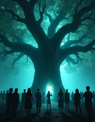 A group of silhouetted people standing in awe around an enormous tree glowing with a blue-green ethereal light, with luminescent leaves and a portal-like opening at its base.