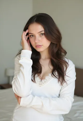 Portrait of a young woman wearing a white long-sleeved top with lace trim, posing with a serious expression and hand on forehead in a blurred bedroom setting.