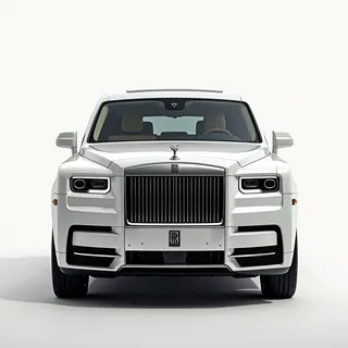 Front view of a Rolls Royce mini van featuring a large bold chrome grill, sharp body lines, silver trims, and glossy ceramic white paint.