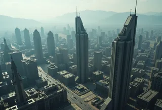 Drone view of a city with authoritarian-style concrete skyscrapers and structures, surrounded by distant mountains under a hazy sky, rendered in a realistic cinematic style.