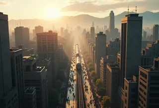 Drone view of a city featuring authoritarian concrete architecture, a bullet train running down the center, crowds lining the tracks, mountains in the background, under a sun flare at daytime.