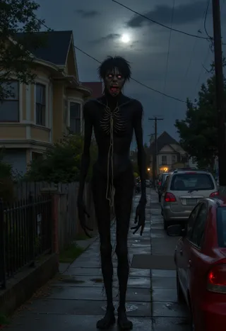 A very tall and skinny dark figure with a distorted face, large open mouth, and white eyes stands on a moonlit street in an American neighborhood at night with parked cars and houses.