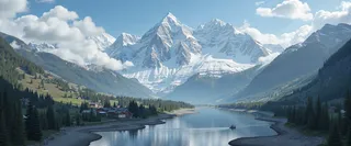 A breathtaking landscape featuring snow-peaked mountains towering over a river valley with a small village along the shore and a boat traveling on the river under a blue sky with clouds.
