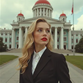 Young Russian woman with blonde hair and red lipstick wearing formal attire standing in front of a Soviet government building on a cloudy day, looking to the side.