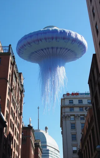 A giant jellyfish-shaped alien spaceship hovers above the buildings in New York City under a clear, sunny blue sky.