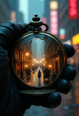 A gloved hand holds a cracked antique pocket watch revealing a miniature Victorian street scene with horse-drawn carriages and pedestrians, set against a blurred cyberpunk city background.