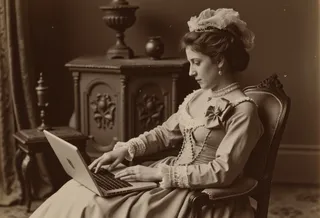 Sepia-toned vintage photograph of a woman dressed in 1800s fashion sitting in a lavish room while using a modern laptop.