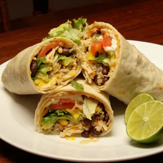 A hot burrito cut in half showing shredded chicken, lettuce, tomatoes, avocado slices, beans, and rice inside with sliced limes on the side