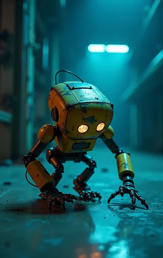 A small forlorn yellow robot with chipped paint and glowing eyes crawling across a dimly lit metallic floor in a futuristic room with flickering blue lights and shadows.