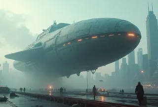 Massive mega space ship hovering above a landing platform with smoke and futuristic cityscape in the background