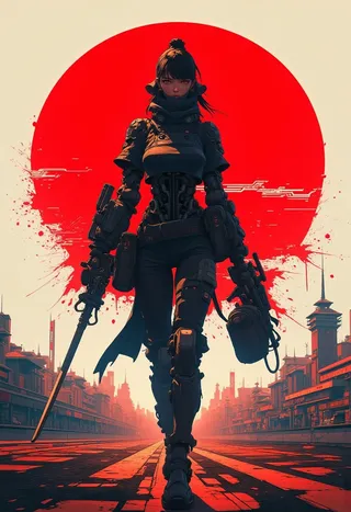 A cyberpunk cyborg samurai woman stands confidently walking forward against a large red sun backdrop with a futuristic city in the distance, illustrated in a minimalist, detailed anime style.