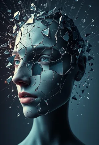 Surreal portrait of a person's face shattered into glass shards suspended in mid-air, connected by glowing threads in muted blue and purple tones.