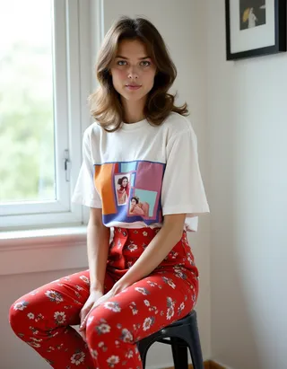 Young woman with loose waves wearing a white graphic t-shirt and red floral pants, sitting on a black metal stool in a bright modern room with natural light.