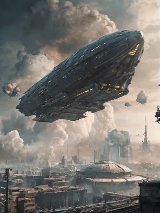 A massive mega space ship descending towards a landing platform over a futuristic cityscape filled with smoke and towering buildings under a cloudy sky.