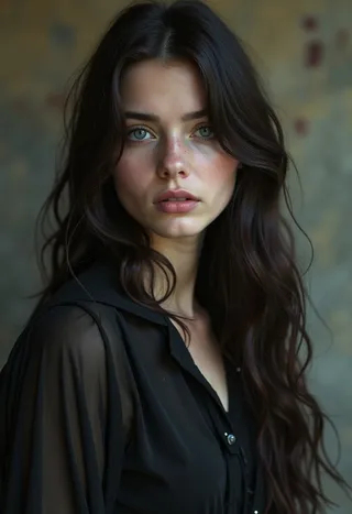 Portrait of a reserved teenage girl with long dark hair, beautiful face, and a mysterious look wearing a black sheer blouse.