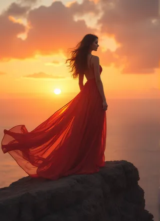 Majestic woman standing on a cliff at sunset wearing a long flowing red gown, her dress billowing in the wind against a warm orange sky.